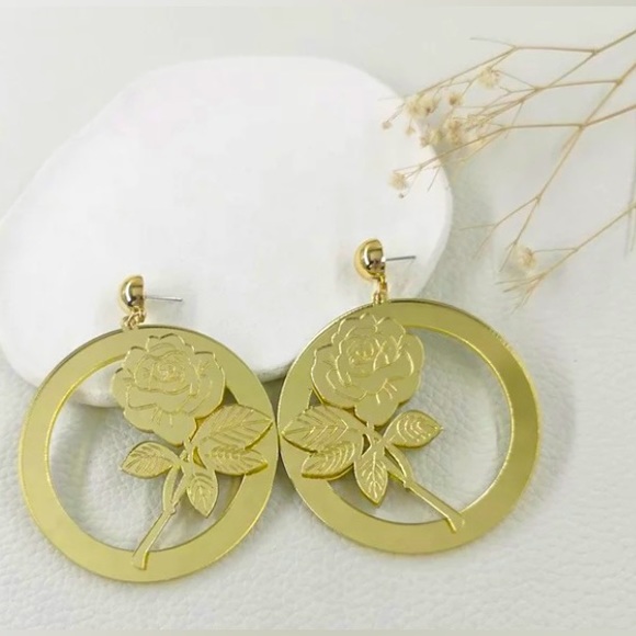 Flower round mirror earrings - Picture 1 of 3